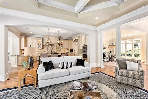 Open floor plan makes this area the heart of the home.  Family and friends can hang out in the great room while meals are being prepared in the kitchen.