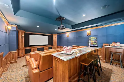 Your very own movie theater room with secret doorway to basement storage.  This is a great space to hang out or entertain friends.