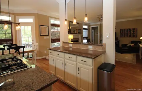 Breakfast bar with pendant lights.