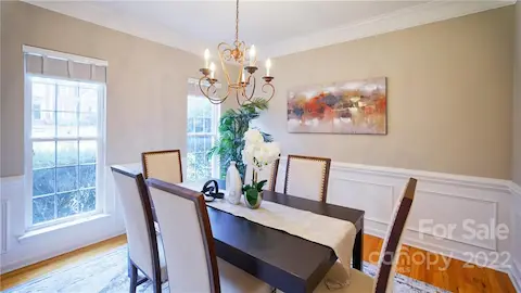 Dining room with beautiful decorative moldings!