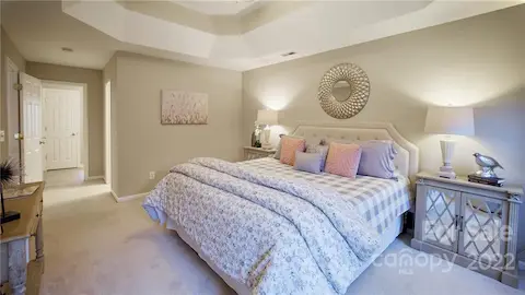 Primary bedroom with trey ceilings