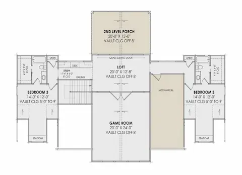 The upper level of this home offers a perfect balance of comfort and versatility, featuring two spacious secondary bedrooms—each with vaulted ceilings, walk-in closets, and access to full baths. A large game room and loft area provide ideal spaces for relaxation and recreation, while the study nook with built-in desk is perfect for homework or quiet reading.