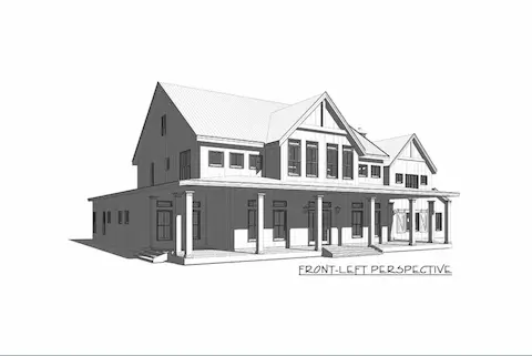 Classic modern farmhouse, featuring vertical siding, prominent gables, and an inviting wraparound porch with stately columns—blending timeless design with Southern charm.
