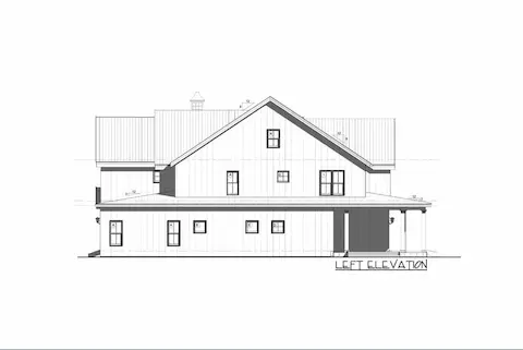 Extended rooflines, vertical siding, and well-placed windows balance privacy and natural light. Covered porch area adds architectural depth while enhancing outdoor living opportunities.