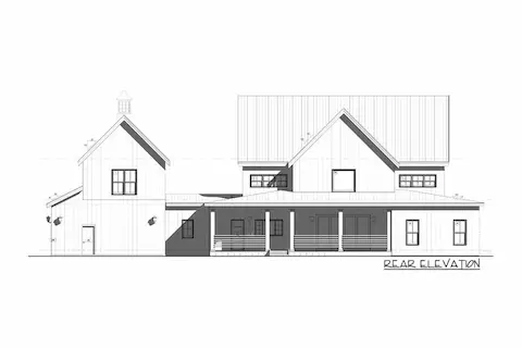Spacious covered porch framed by clean vertical siding and supported by classic columns. Large windows and double doors invite natural light and create a seamless transition to the backyard.
