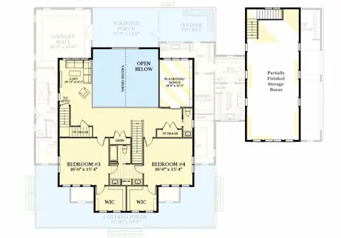 Upper level features two spacious bedrooms—each with walk-in closets—connected by a shared bath with dual vanities. A cozy loft  and a separate playroom/bonus space offers flexibility for recreation or study.