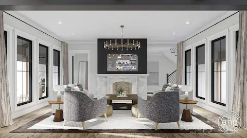 Concept Photo of Great Roomwith firepace, custom lightfixture & plenty of windows fortons of natural light pouringthrough!
