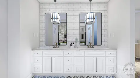 Concept Photo of Primary Bathfeatures dual vanity, customlighting & tile flooring!