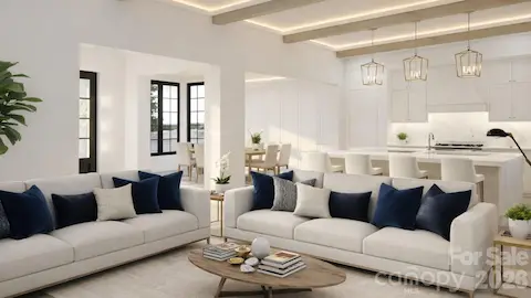 Rendering of open living with views of foyer and dining and kitchen
