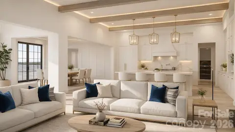 Rendering of living room looking towards open kitchen and dining and foyer
