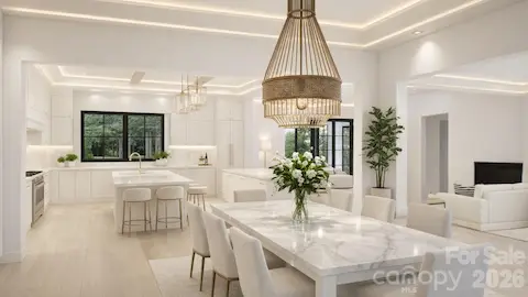 Rendering from dining room looking towards open kitchen and living room with foyer