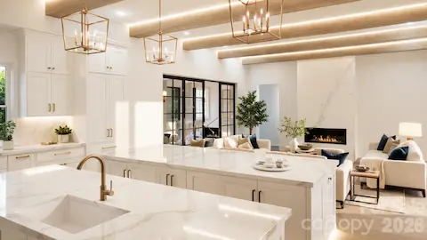 Rendering of kitchen and living room with doors to pool area
