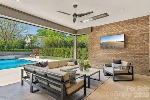 Back Patio with integrated heaters and screens