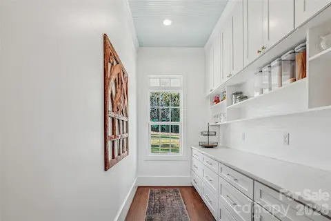 Large walk in pantry with custom built ins.