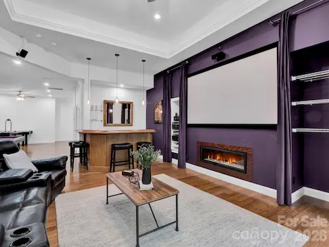 Media room with fireplace