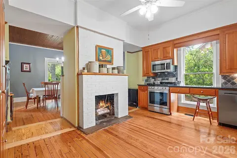 Charming fireplace in kitchen