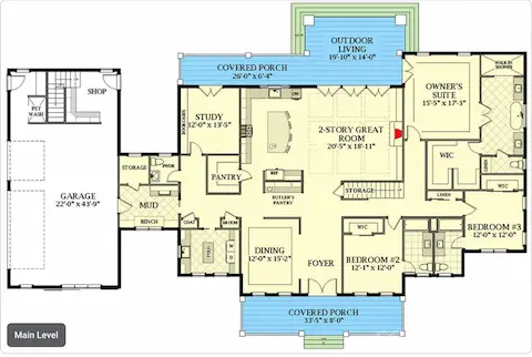 Main Level Floor Plan of Proposed Modern Farmhouse - 3,210 SF with 3 Bedrooms, Office, Dining and Living Areas, as well as a $1,022 SF Garage with Shop