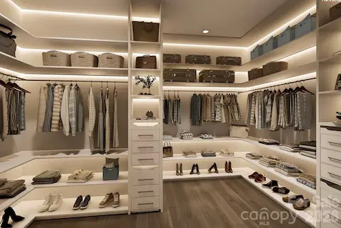 This expansive walk-in closet offers a boutique-style layout with custom built-ins, open shelving, and ample hanging space for effortless organization.