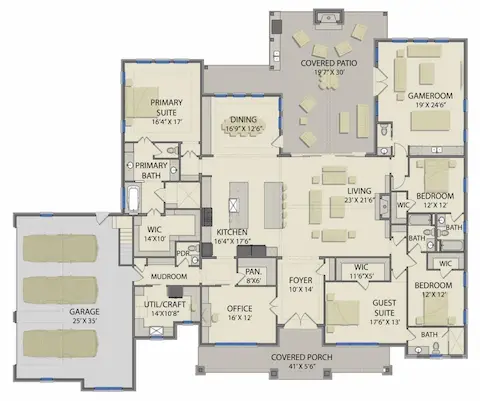 This thoughtfully designed single-story layout offers four spacious bedrooms, including a luxurious primary suite with a large walk-in closet and spa-like bath, plus a private guest suite ideal for visitors. The open-concept kitchen, living, and dining areas flow seamlessly into a generous covered patio and separate game room, creating perfect spaces for entertaining. Additional highlights include a dedicated office, utility/craft room, walk-in pantry, mudroom, powder room, and a 3-car garage with direct access to the home.