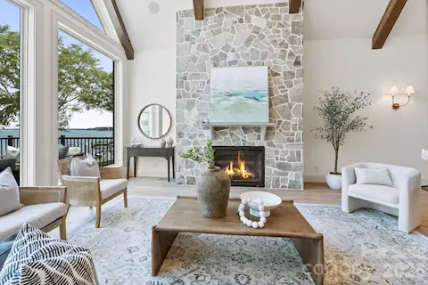 Stone fireplace and beamed vaulted ceilings