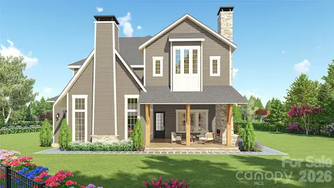 3D architectural rendering illustrating one potential rear elevation, covered porch, and outdoor living spaces. Renderings are conceptual and are intended for visualization purposes only