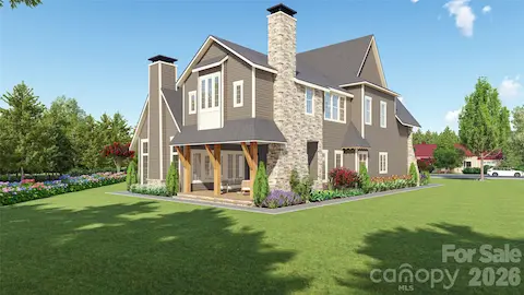 3D architectural rendering illustrating one potential rear elevation, covered porch, and outdoor living spaces. Renderings are conceptual and are intended for visualization purposes only