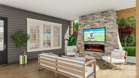 3D architectural rendering illustrating one potential rear elevation, covered porch, and outdoor living spaces. Renderings are conceptual and are intended for visualization purposes only