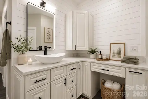 Split Vanity Design with Storage - virtually staged