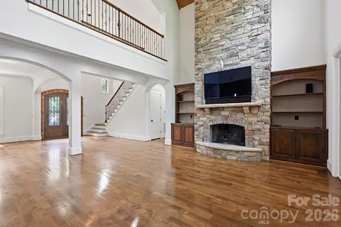 Stacked Stone Fireplace with Built-Ins