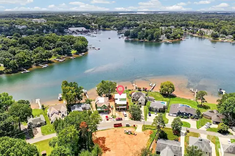 Wider aerial view of the homes location on Lake Norman.