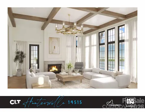 Artist rendering — great room concept with beamed ceiling and lake views; for visualization only, final design may vary