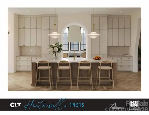 Artist rendering — kitchen concept with arched window and oversized island; for visualization only, final design may vary
