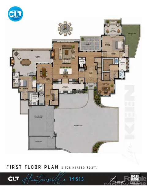 First floor rendered plan — 3,923 heated SF per builder concept plans; layout and dimensions subject to change