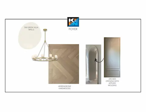 Foyer design concept — herringbone hardwoods and arched openings; selections subject to change