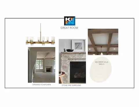 Great room design concept — stone fireplace surround; selections subject to change