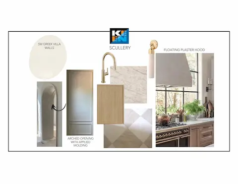 Scullery design concept — floating plaster hood; selections subject to change