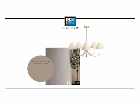 Dining room design concept — limewash walls; selections subject to change