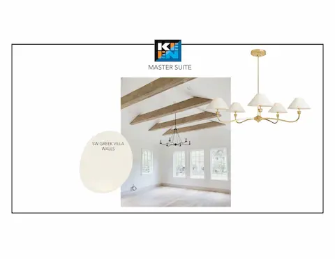 Primary suite design concept — beamed ceiling; selections subject to change