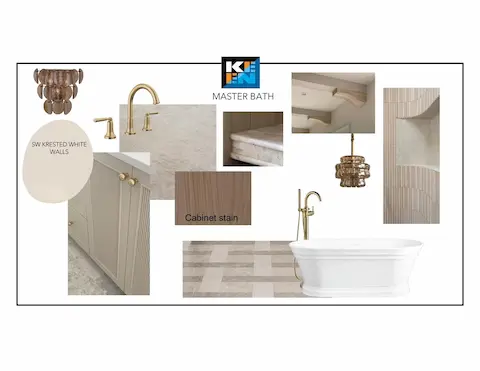 Primary bath design concept — freestanding tub; selections subject to change