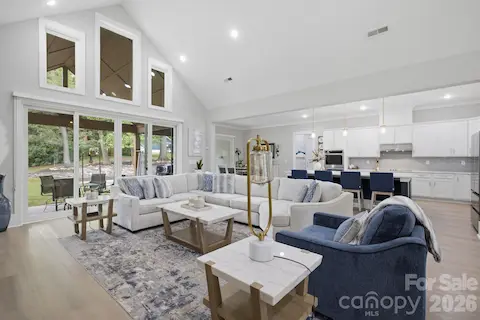 Great room flows seamlessly into the kitchen and dining areas