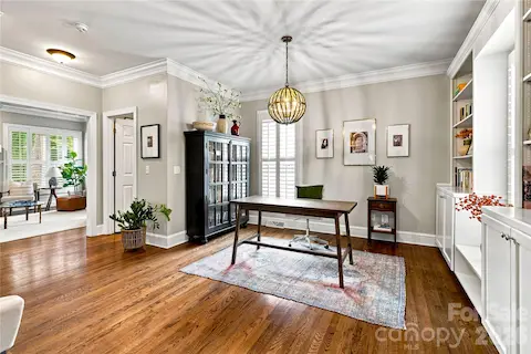 Office space with built in bookshelves