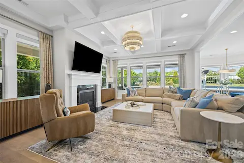 Living room with view to backyard oasis