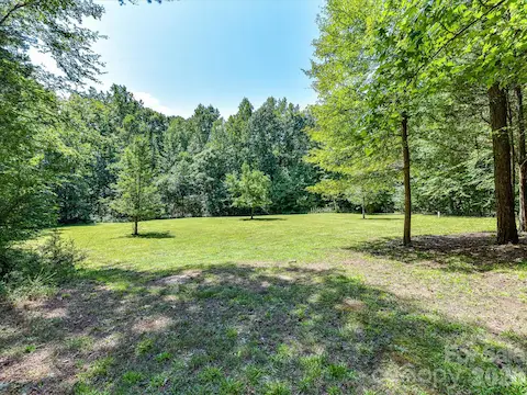Expansive backyard offers a large open lawn surrounded by mature trees, creating a peaceful and private outdoor setting.